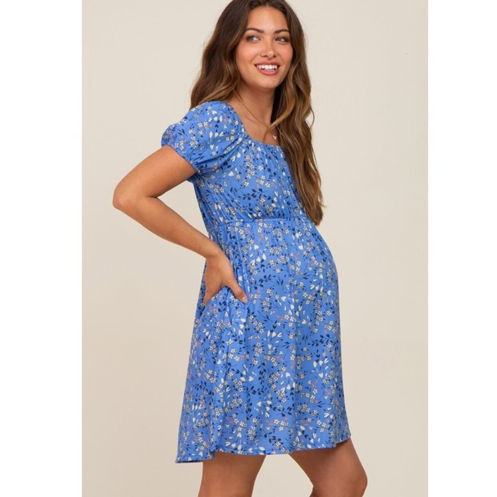 Blue Floral Short Sleeve Maternity Dress